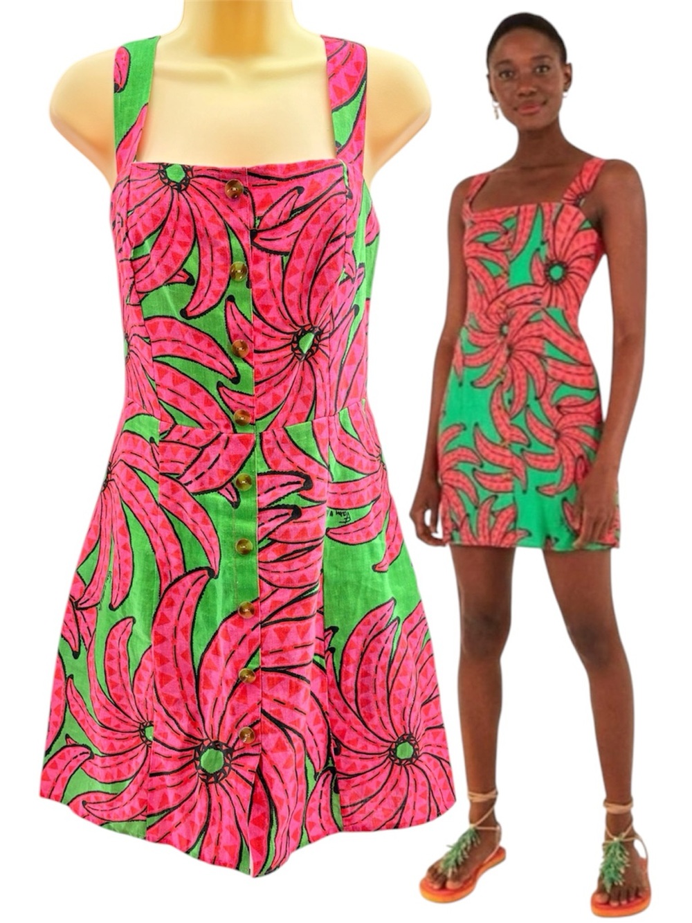 Farm Rio Banana Pitta Linen Mini Dress Pink Green Sleeveless Button-Front Size M